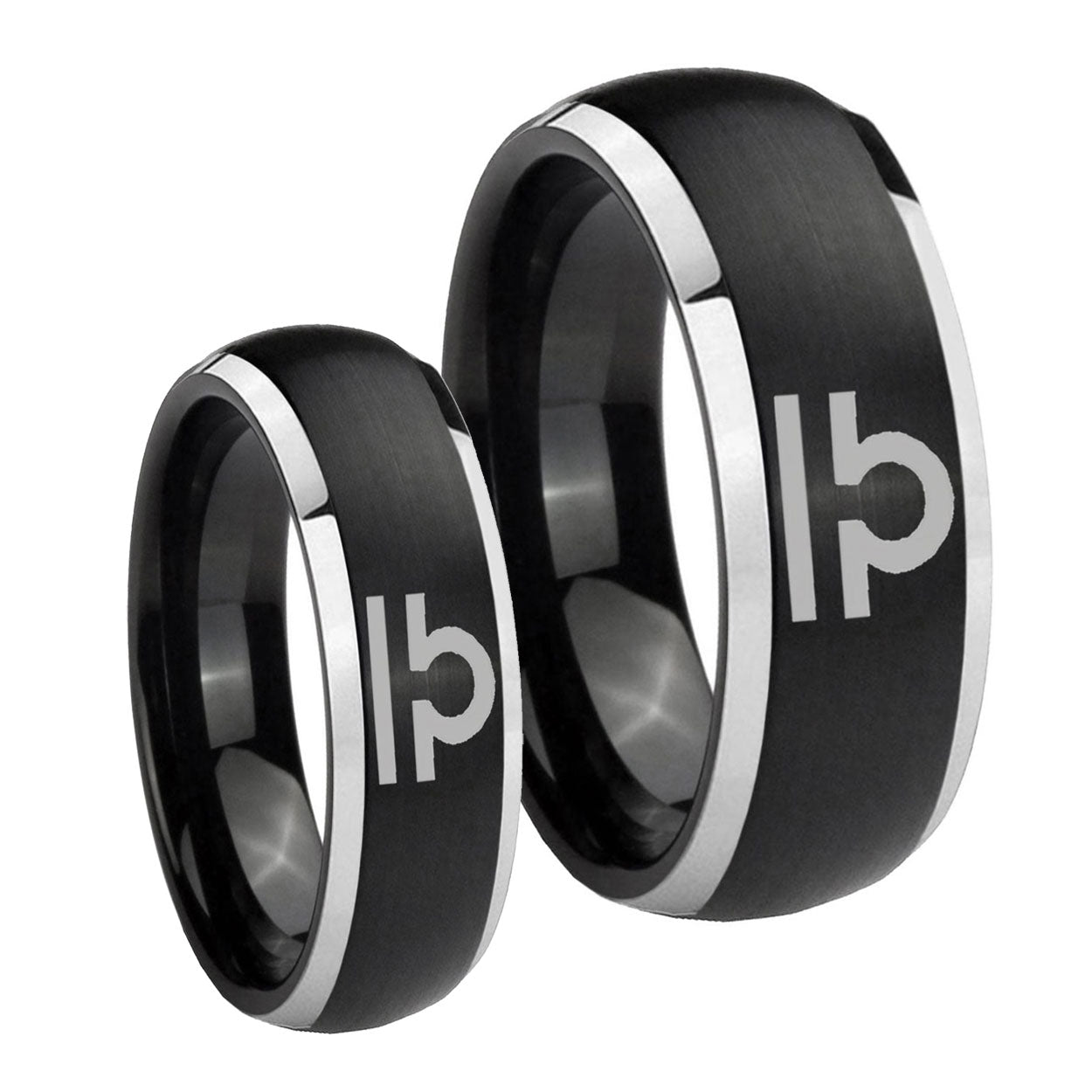 Libra Horoscope Dome Brushed Black 2 Tone Tungsten His Hers Ring Set