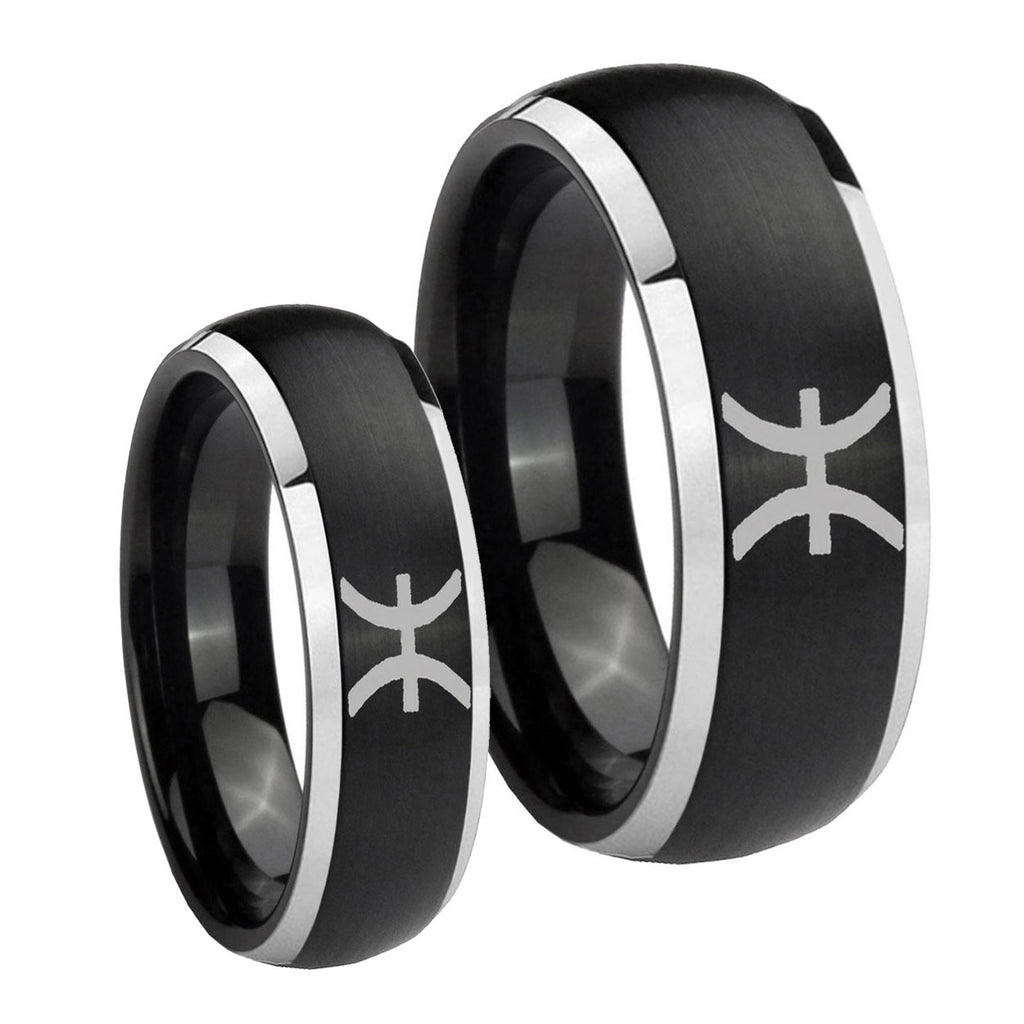 Pisces Zodiac Dome Brushed Black 2 Tone Tungsten Bridal Ring Sets