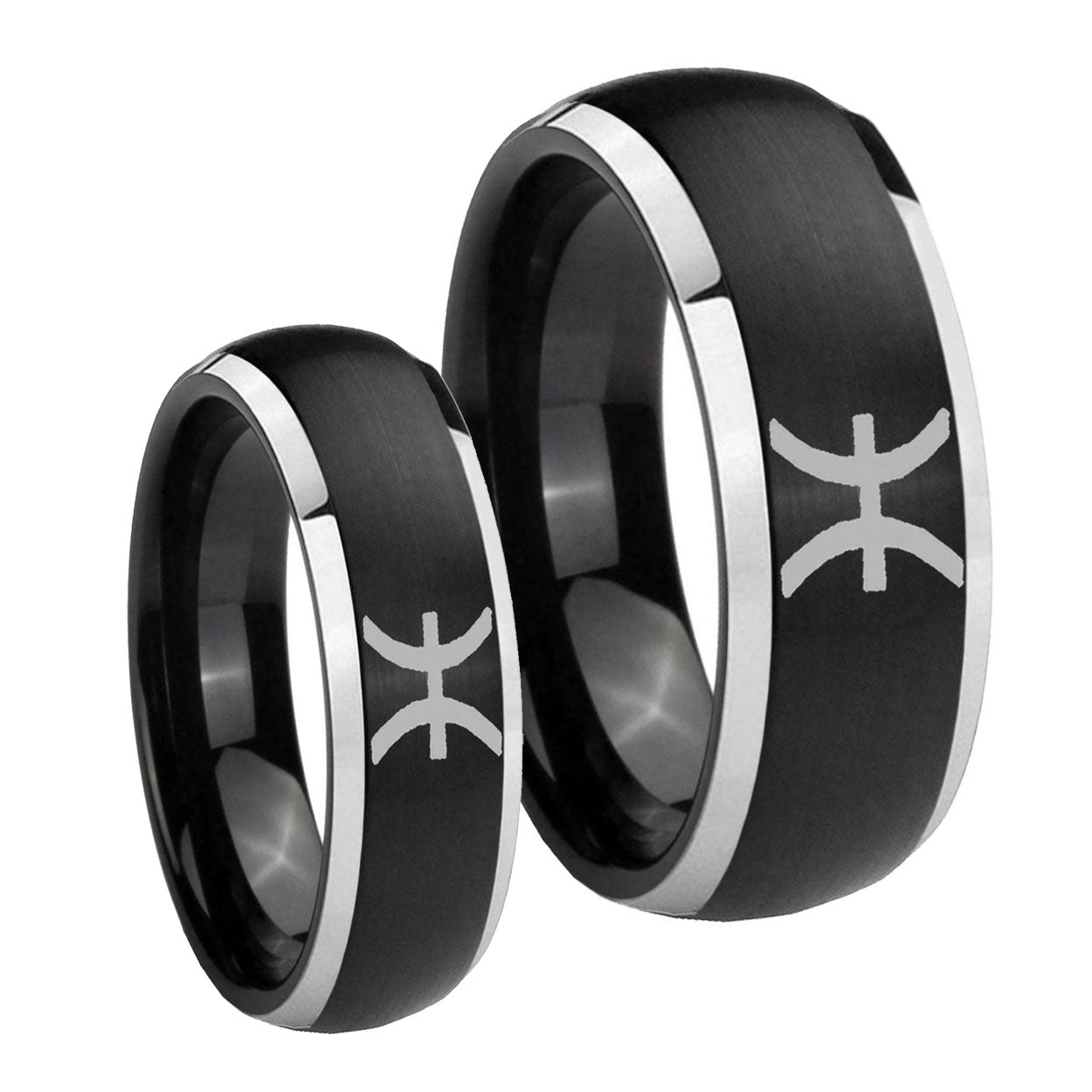 Pisces Zodiac Dome Brushed Black 2 Tone Tungsten Bridal Ring Sets