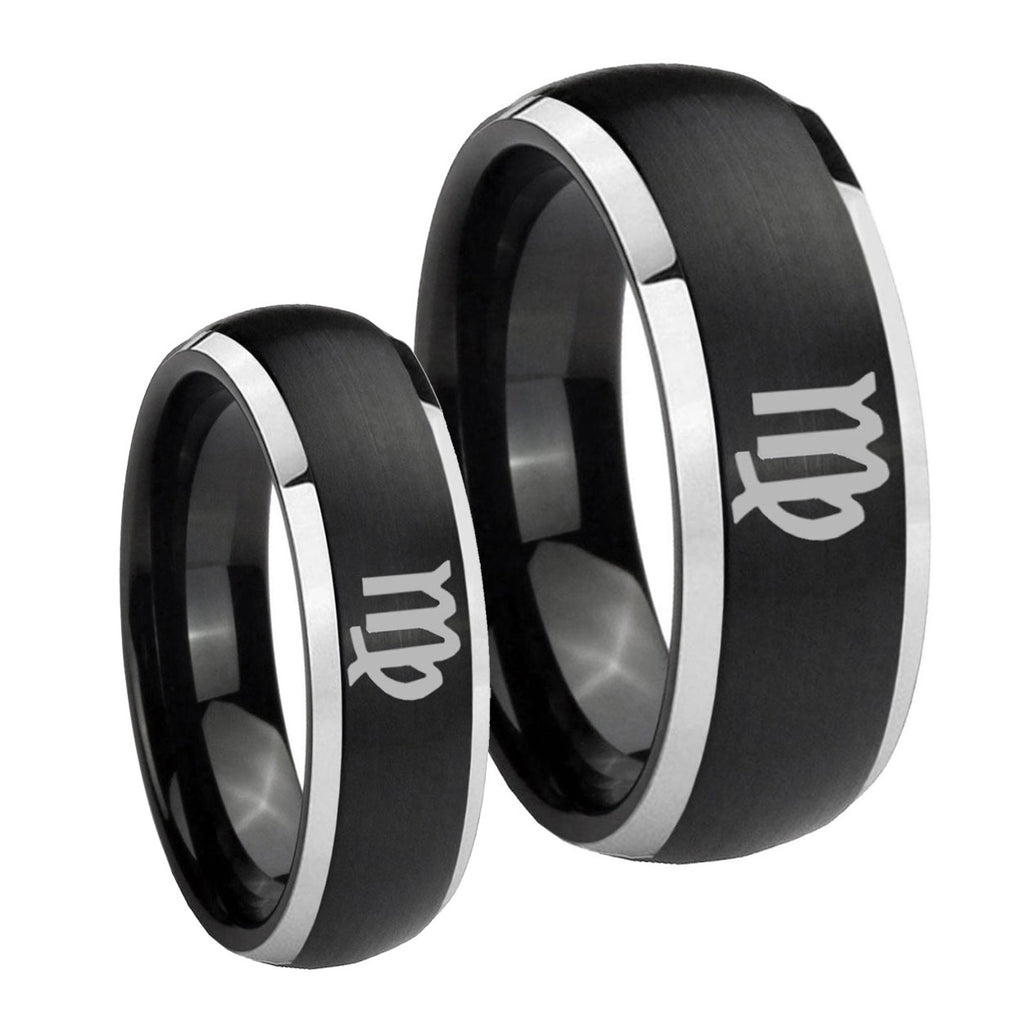 Virgo Zodiac Dome Brushed Black 2 Tone Tungsten Wedding Band Set