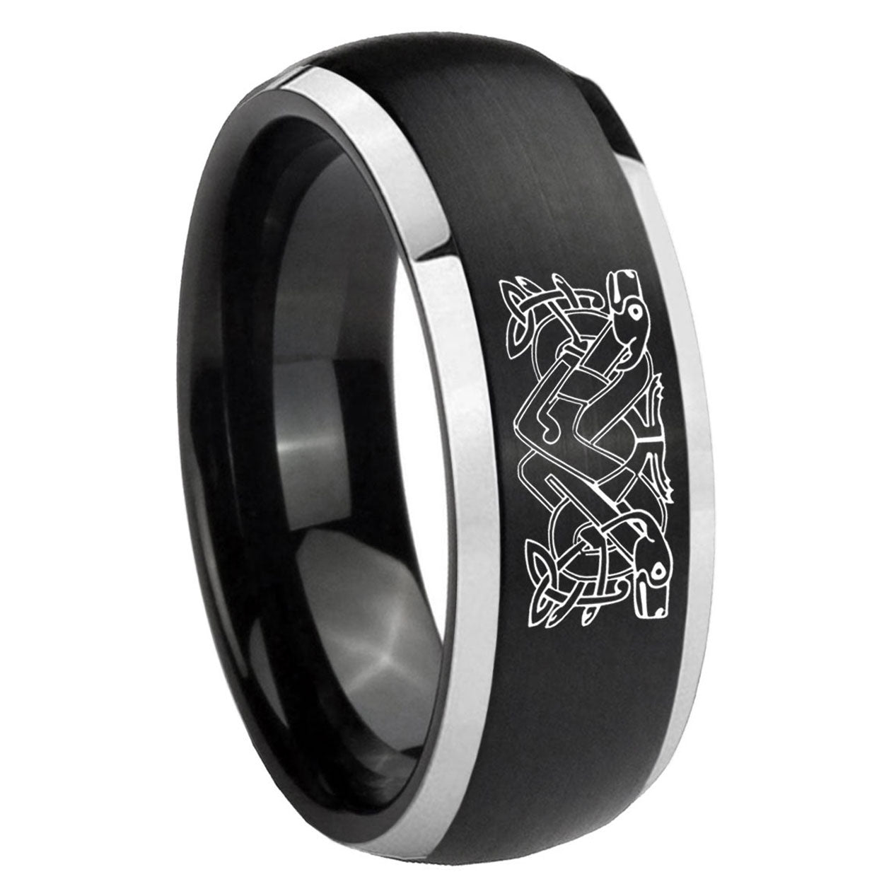 8mm Celtic Dog Dome Brushed Black 2 Tone Tungsten Ring