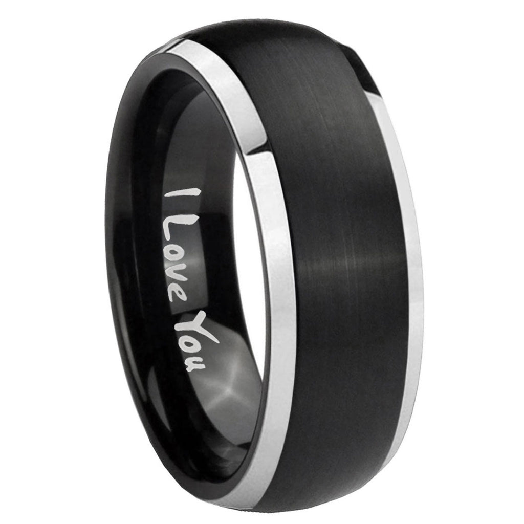 8mm I Love You Dome Brushed Black 2 Tone Tungsten Ring