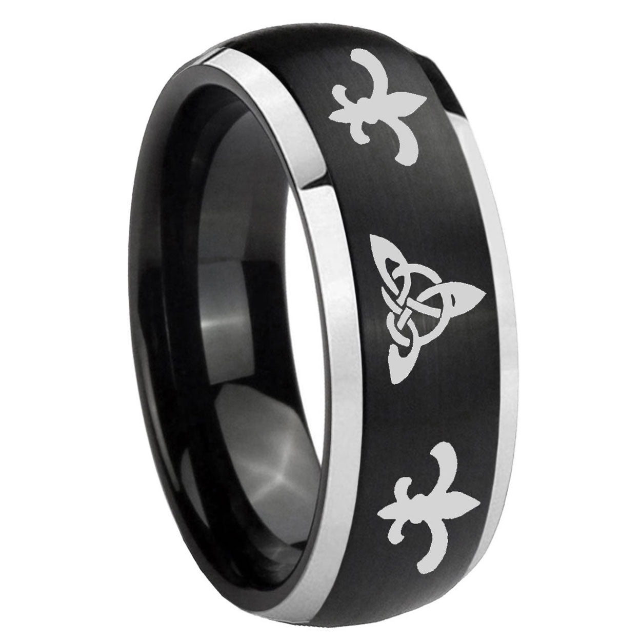 8mm Celtic Triangle Fleur-De-Lis Dome Black 2 Tone Tungsten Ring