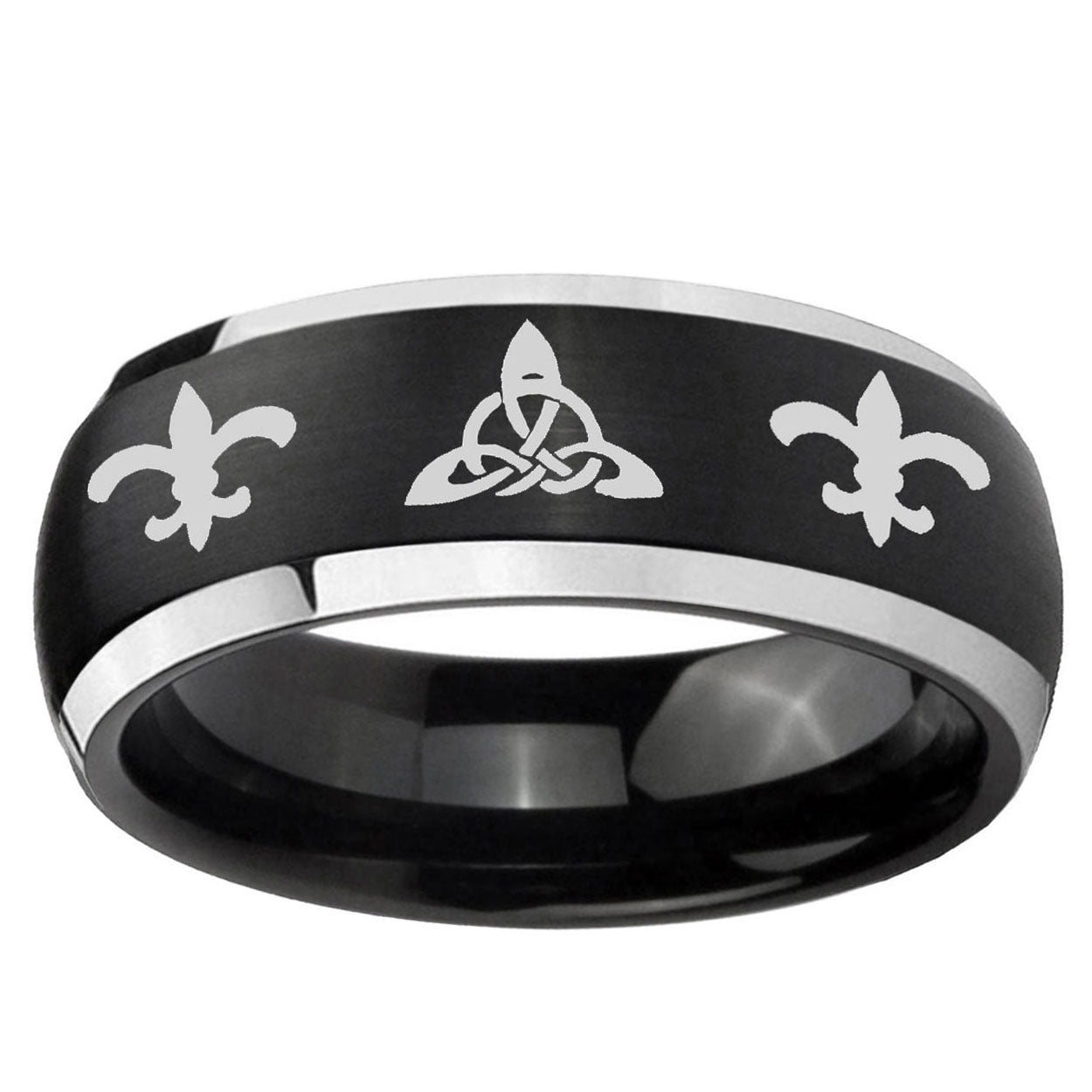 5mm Celtic Triangle Fleur-De-Lis Dome Black 2 Tone Tungsten Ring