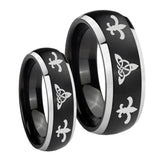 His Hers Celtic Triangle Fleur De Lis Dome Brushed Black 2 Tone Tungsten Engraving Ring Set