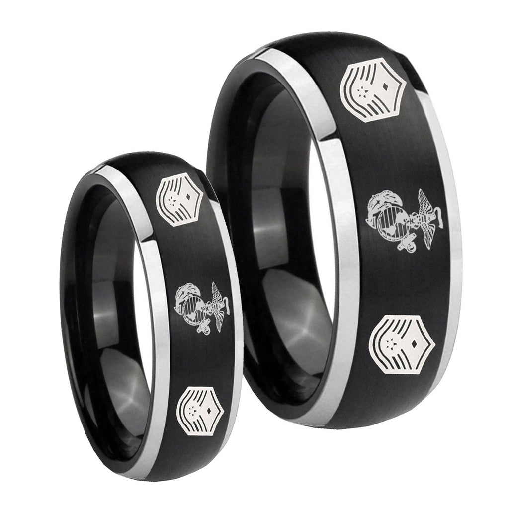 Marine Chief Master Sergeant Dome Brushed Black 2 Tone Tungsten Couple Band Set