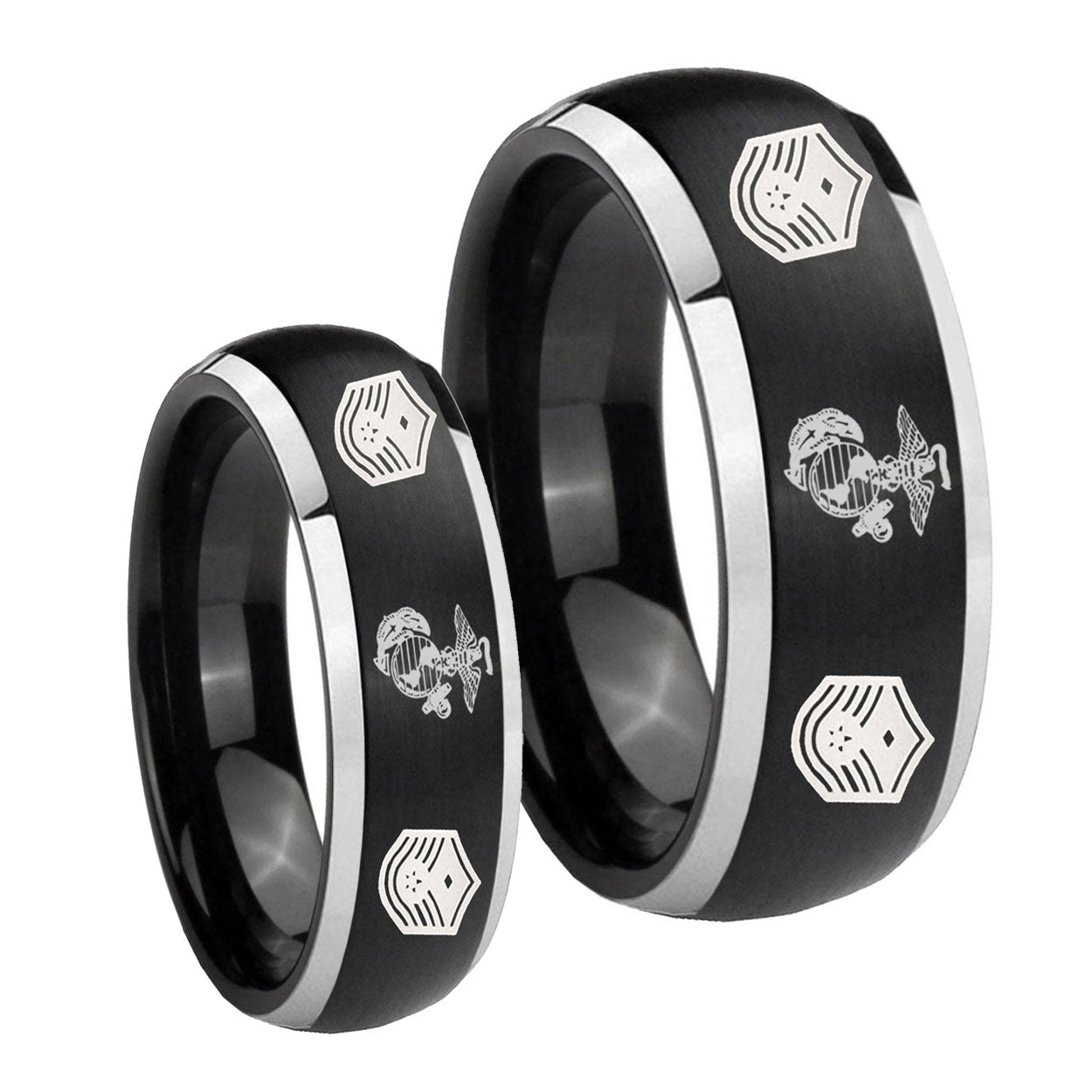Marine Chief Master Sergeant Dome Brushed Black 2 Tone Tungsten Couple Band Set