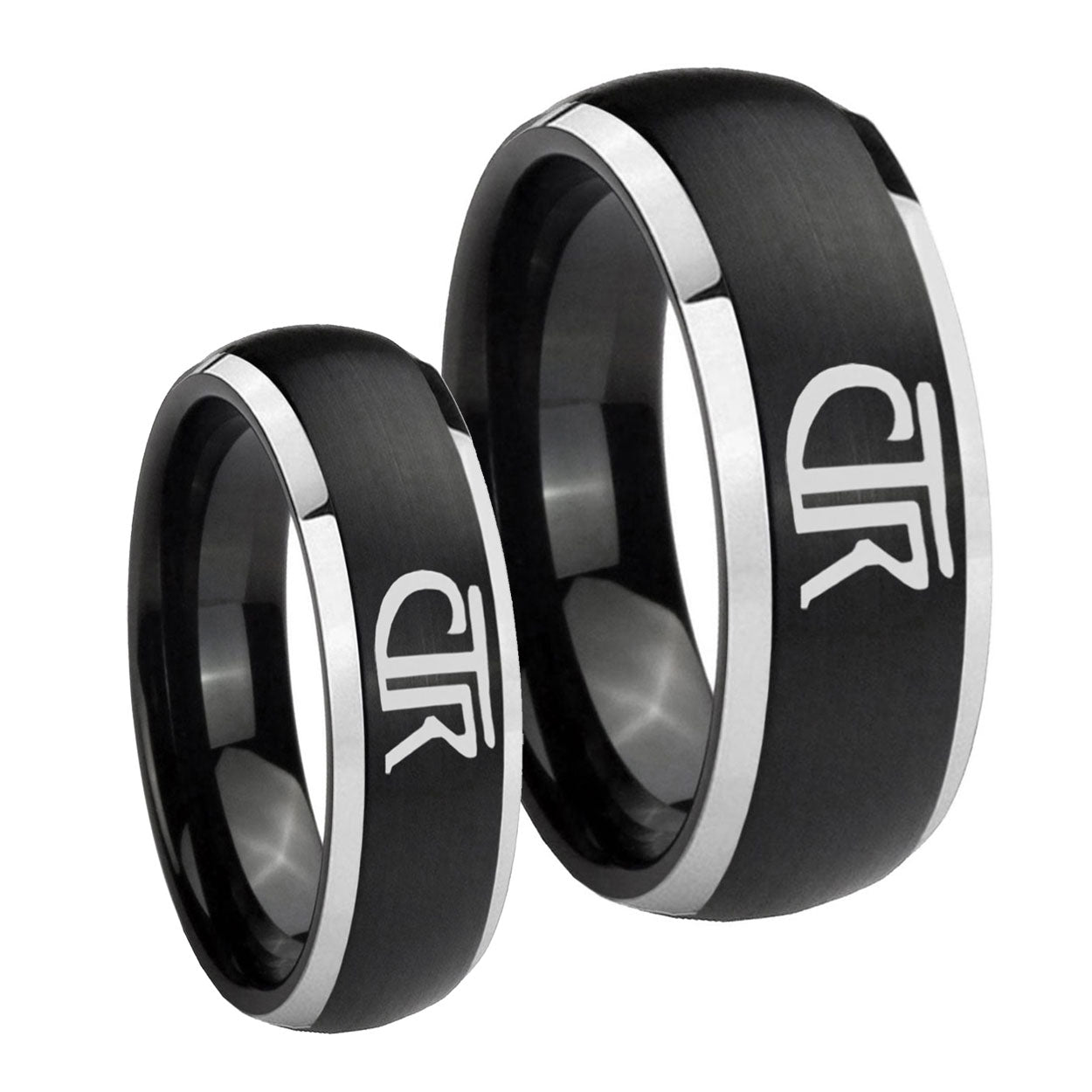 CTR Dome Brushed Black 2 Tone Tungsten Wedding Set Rings
