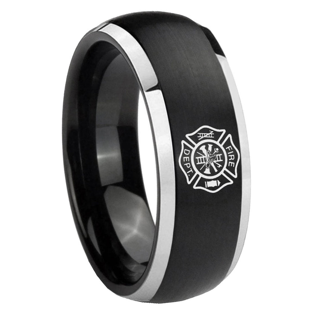 8mm Fire Department Dome Brushed Black 2 Tone Tungsten Ring