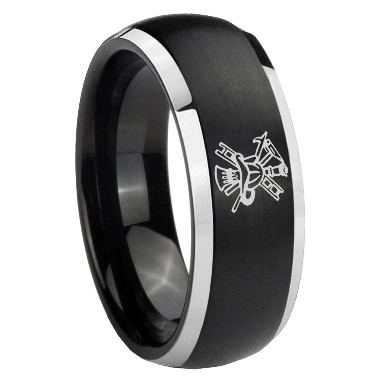 8mm Fireman Dome Brushed Black 2 Tone Tungsten Wedding Band