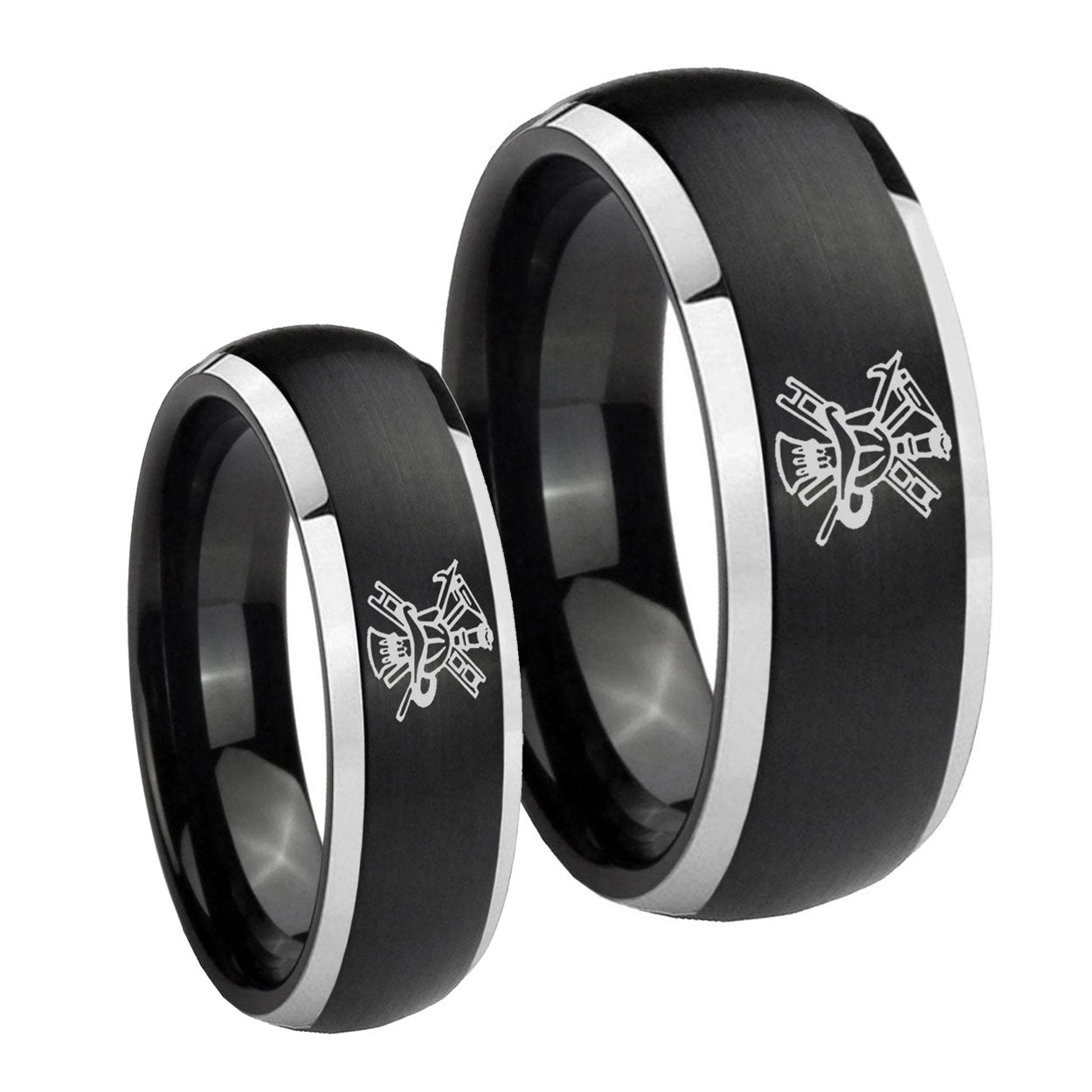 Fireman Dome Brushed Black 2 Tone Tungsten Couple Rings