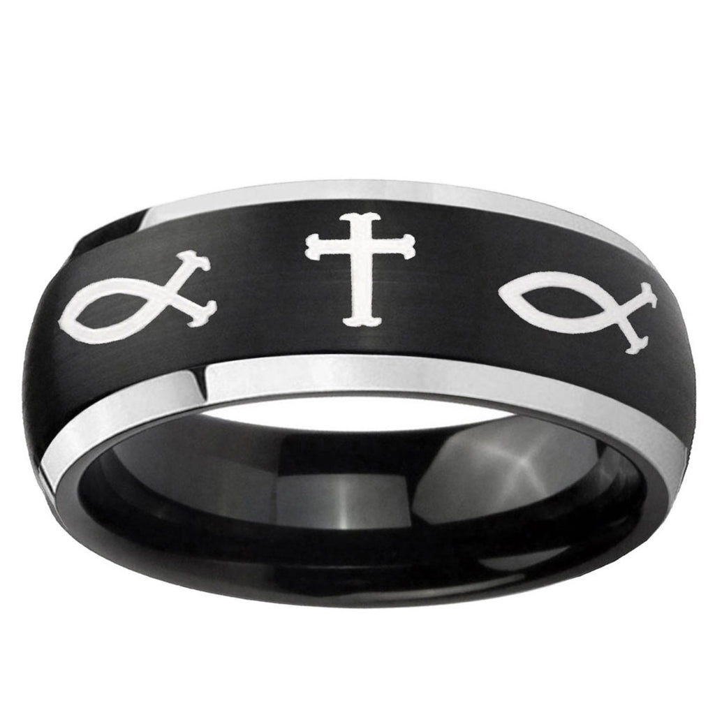 5mm Fish & Cross Dome Black 2 Tone Tungsten Ring Engraved