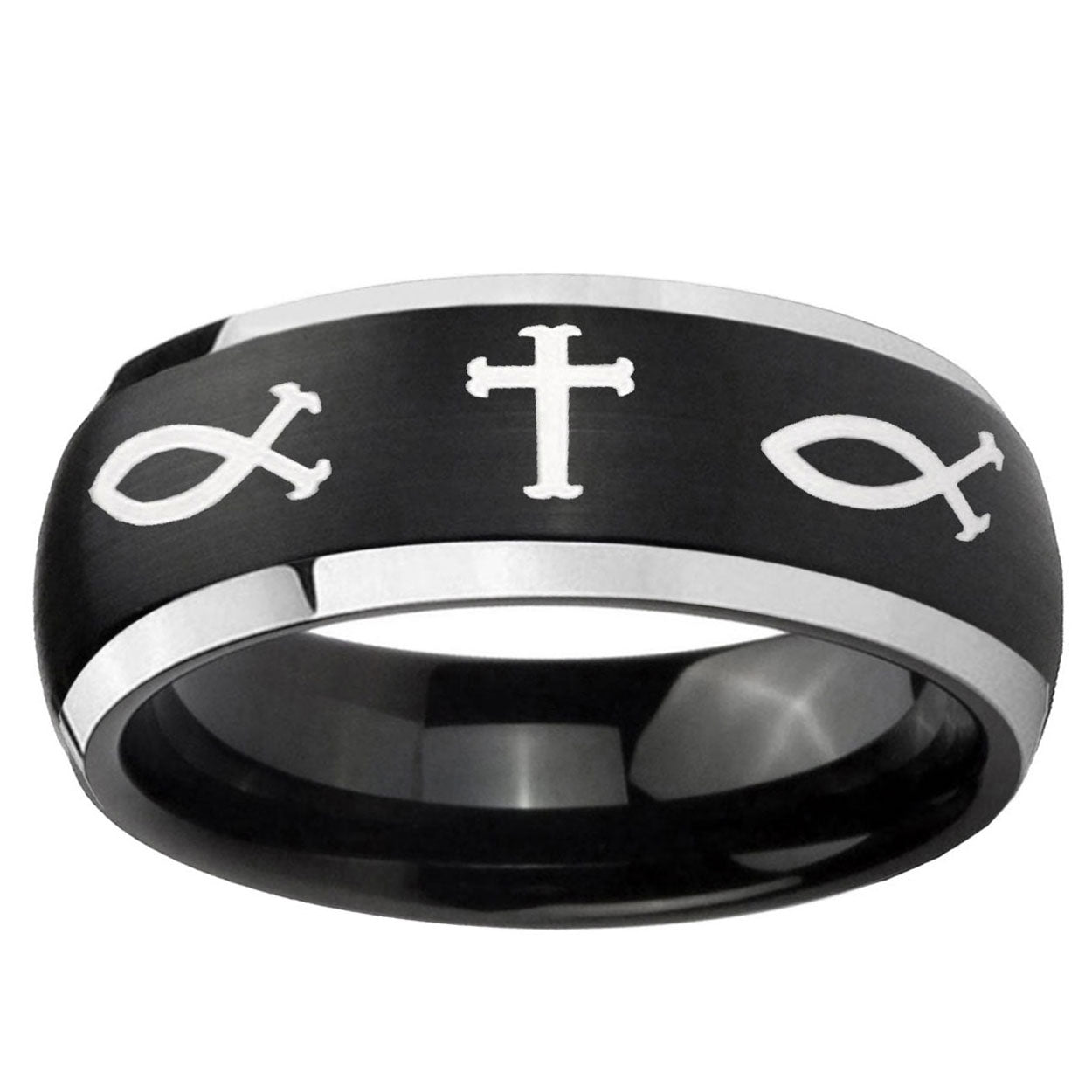5mm Fish & Cross Dome Black 2 Tone Tungsten Ring Engraved