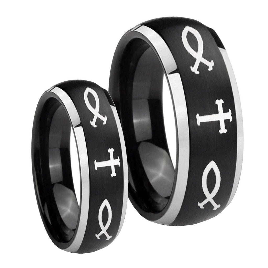 Fish & Cross Dome Brushed Black 2 Tone Tungsten Couple Wedding Rings