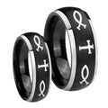 Fish & Cross Dome Brushed Black 2 Tone Tungsten Couple Wedding Rings