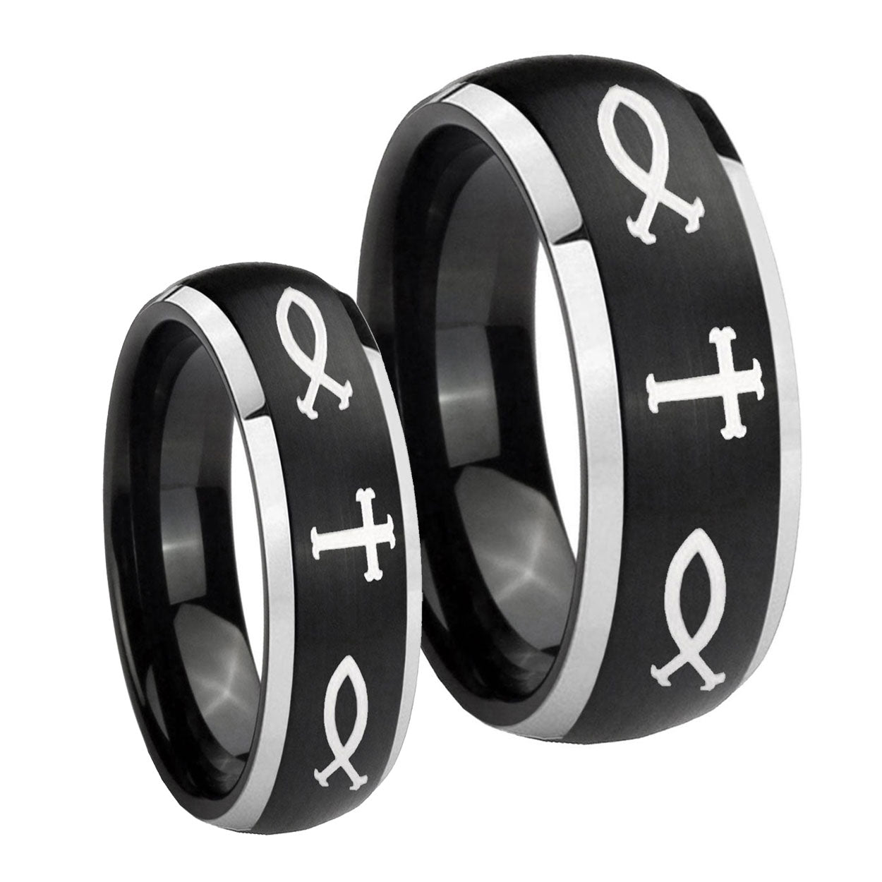 Fish & Cross Dome Brushed Black 2 Tone Tungsten Couple Wedding Rings