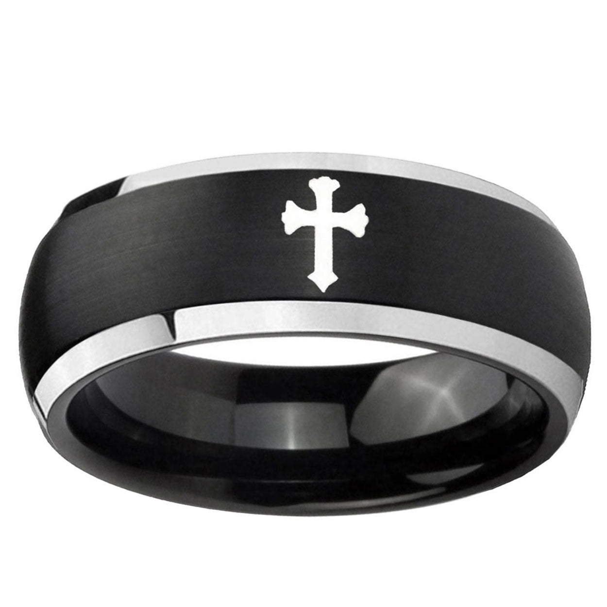 5mm Flat Christian Cross Dome Black 2 Tone Tungsten Ring