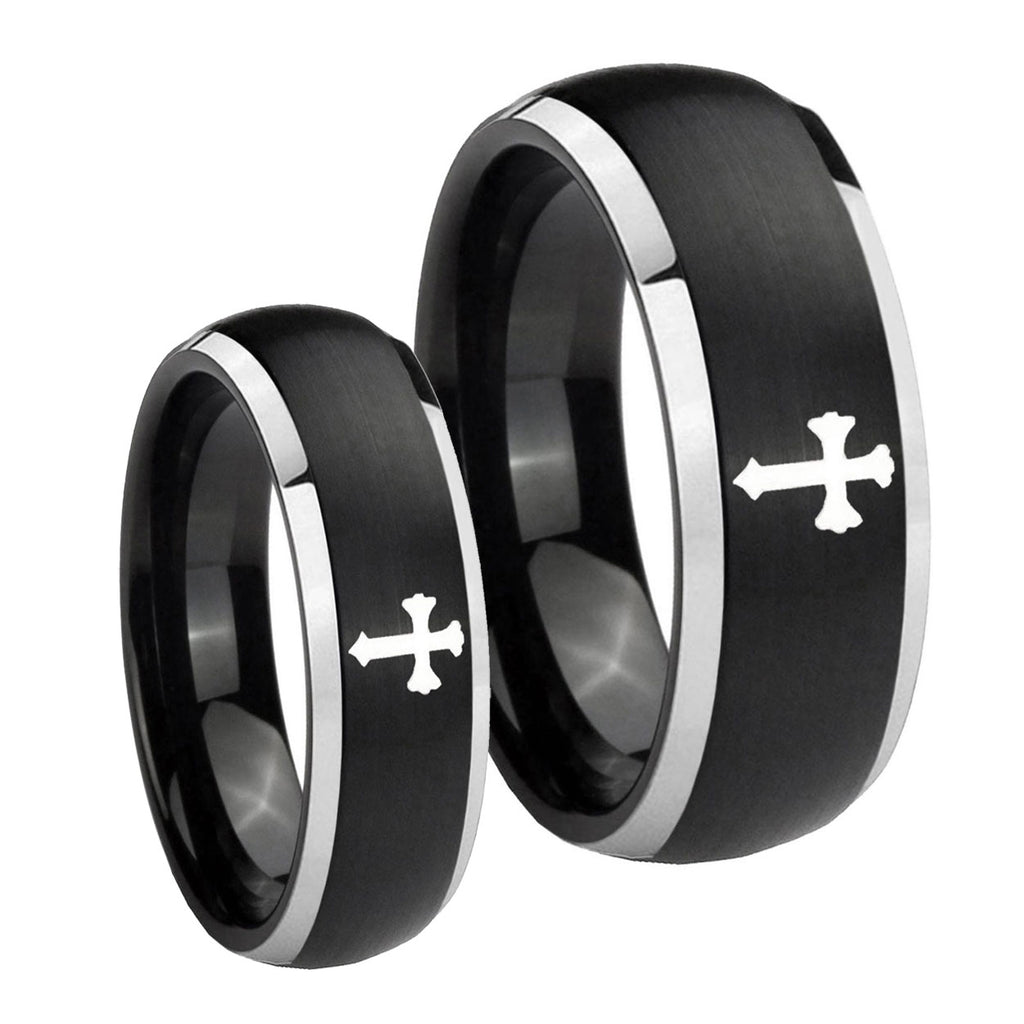Flat Christian Cross Dome Brushed Black 2 Tone Tungsten His and Hers