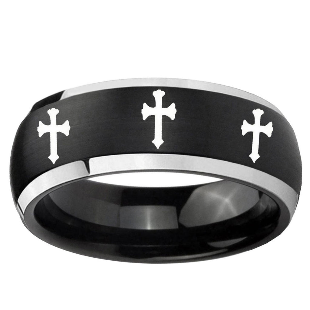 5mm Multiple Christian Cross Dome Black 2 Tone Tungsten Ring