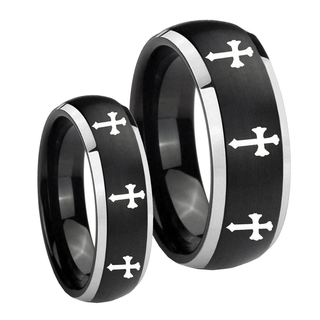 Multiple Christian Cross Dome Brushed Black 2 Tone Tungsten Bridal Band Set