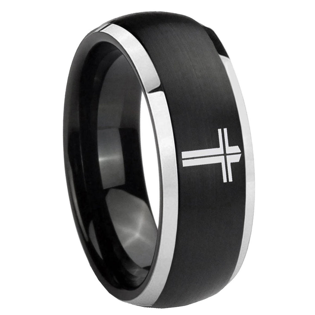 8mm Flat Christian Cross Dome Black 2 Tone Tungsten Ring