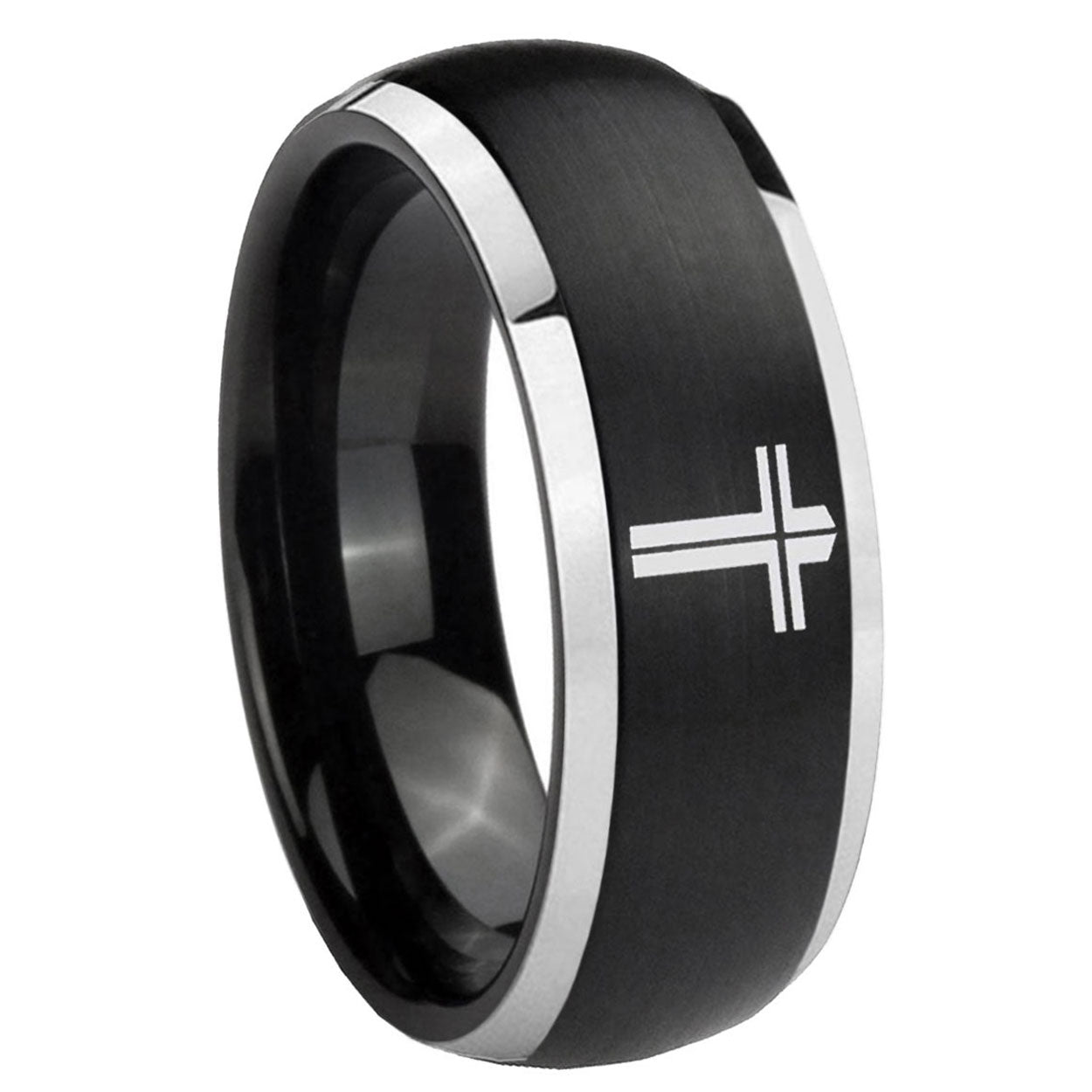 8mm Flat Christian Cross Dome Black 2 Tone Tungsten Ring