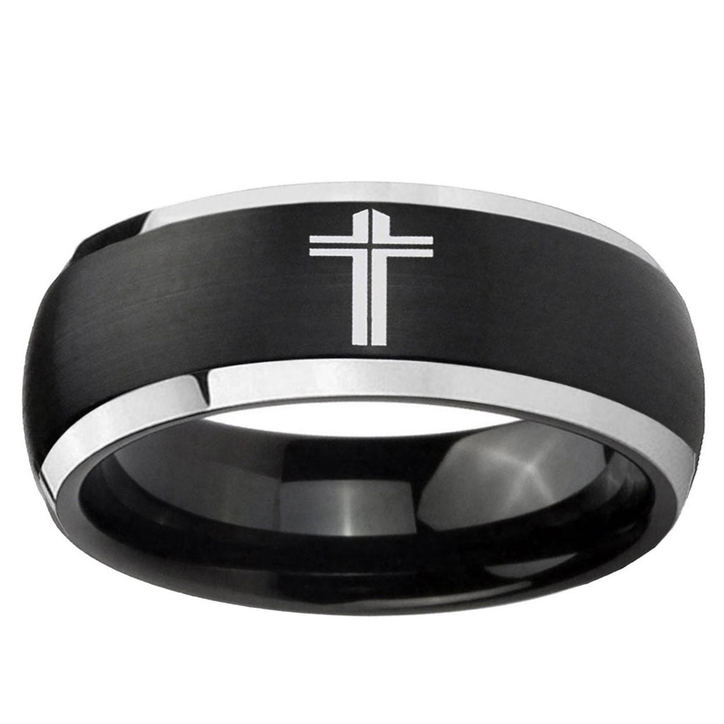 5mm Flat Christian Cross Dome Black 2 Tone Tungsten Ring