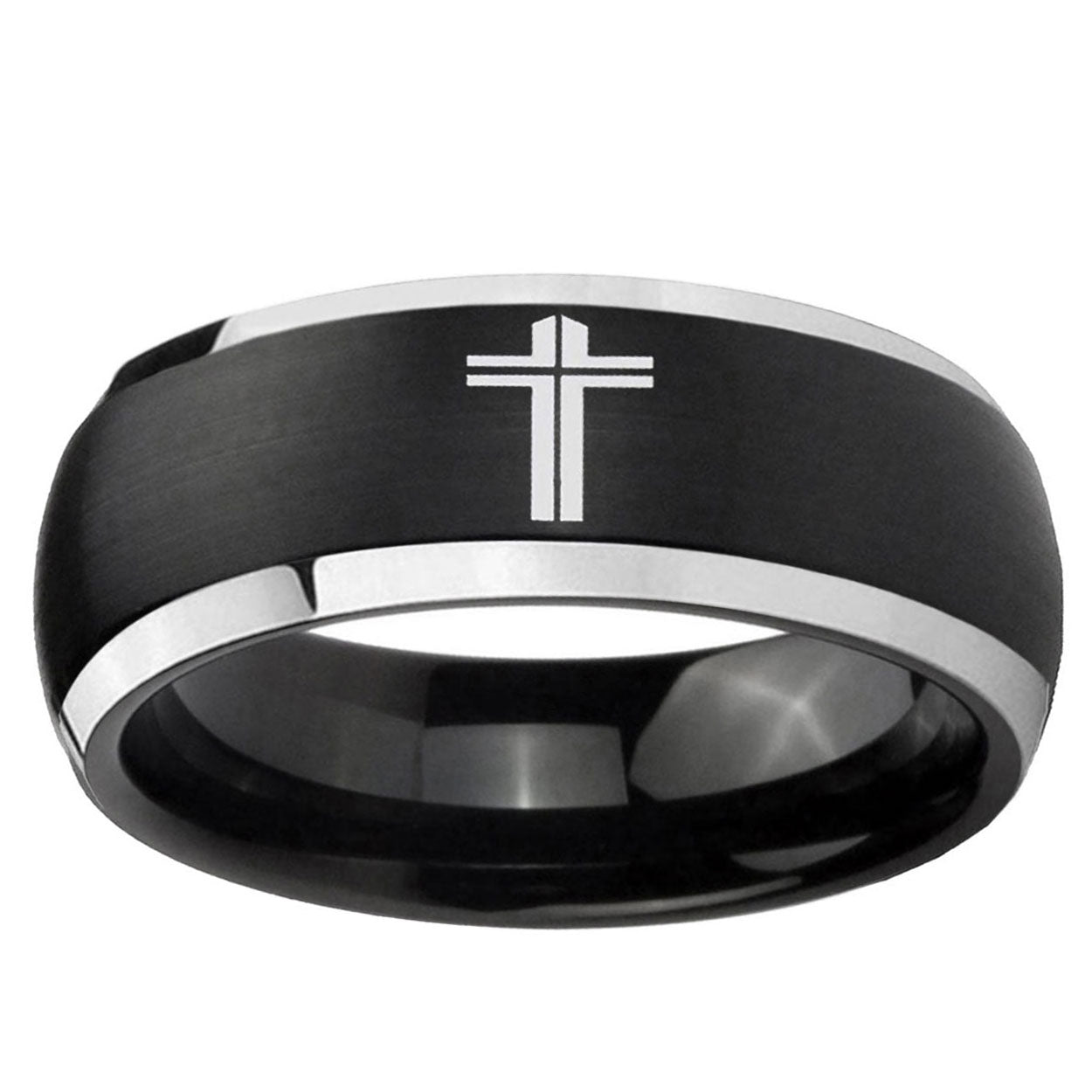 5mm Flat Christian Cross Dome Black 2 Tone Tungsten Ring