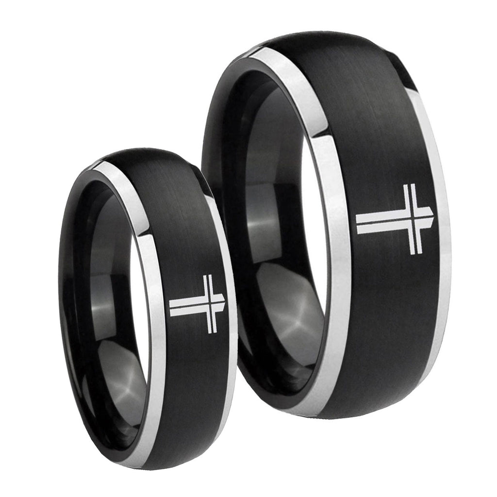 Flat Christian Cross Dome Brushed Black 2 Tone Tungsten Bridal Ring Sets