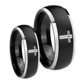 Flat Christian Cross Dome Brushed Black 2 Tone Tungsten Bridal Ring Sets