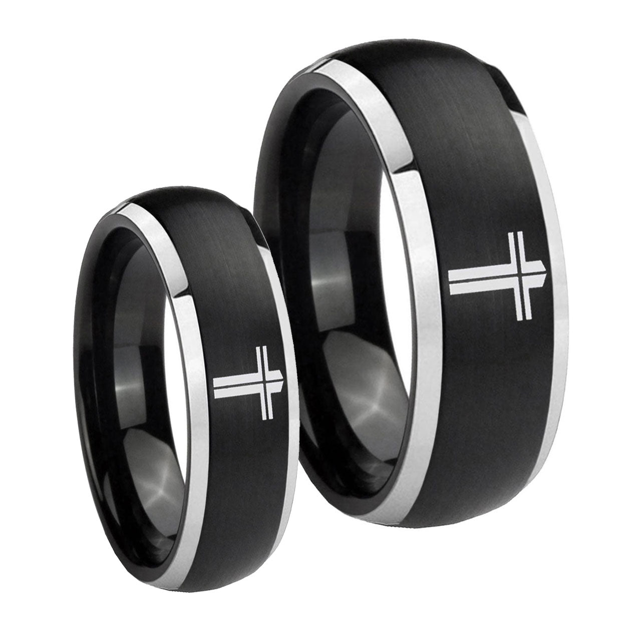 Flat Christian Cross Dome Brushed Black 2 Tone Tungsten Bridal Ring Sets