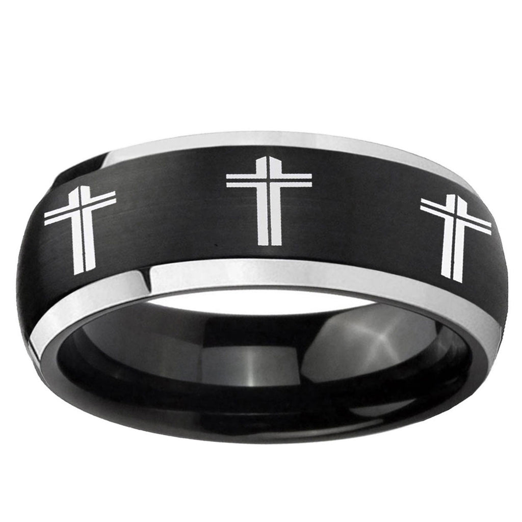 5mm Multiple Christian Cross Dome Black 2 Tone Tungsten Ring