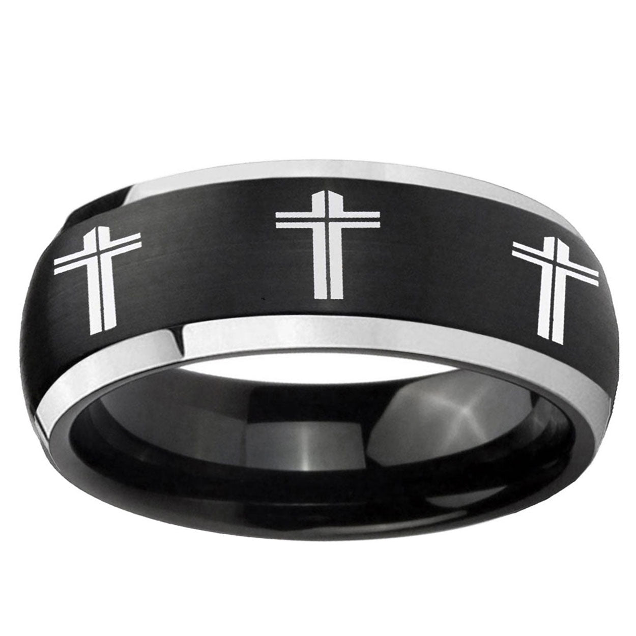 5mm Multiple Christian Cross Dome Black 2 Tone Tungsten Ring