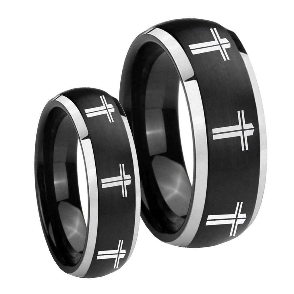Multiple Christian Cross Dome Brushed Black 2 Tone Tungsten Couples Ring Set