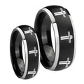 Multiple Christian Cross Dome Brushed Black 2 Tone Tungsten Couples Ring Set