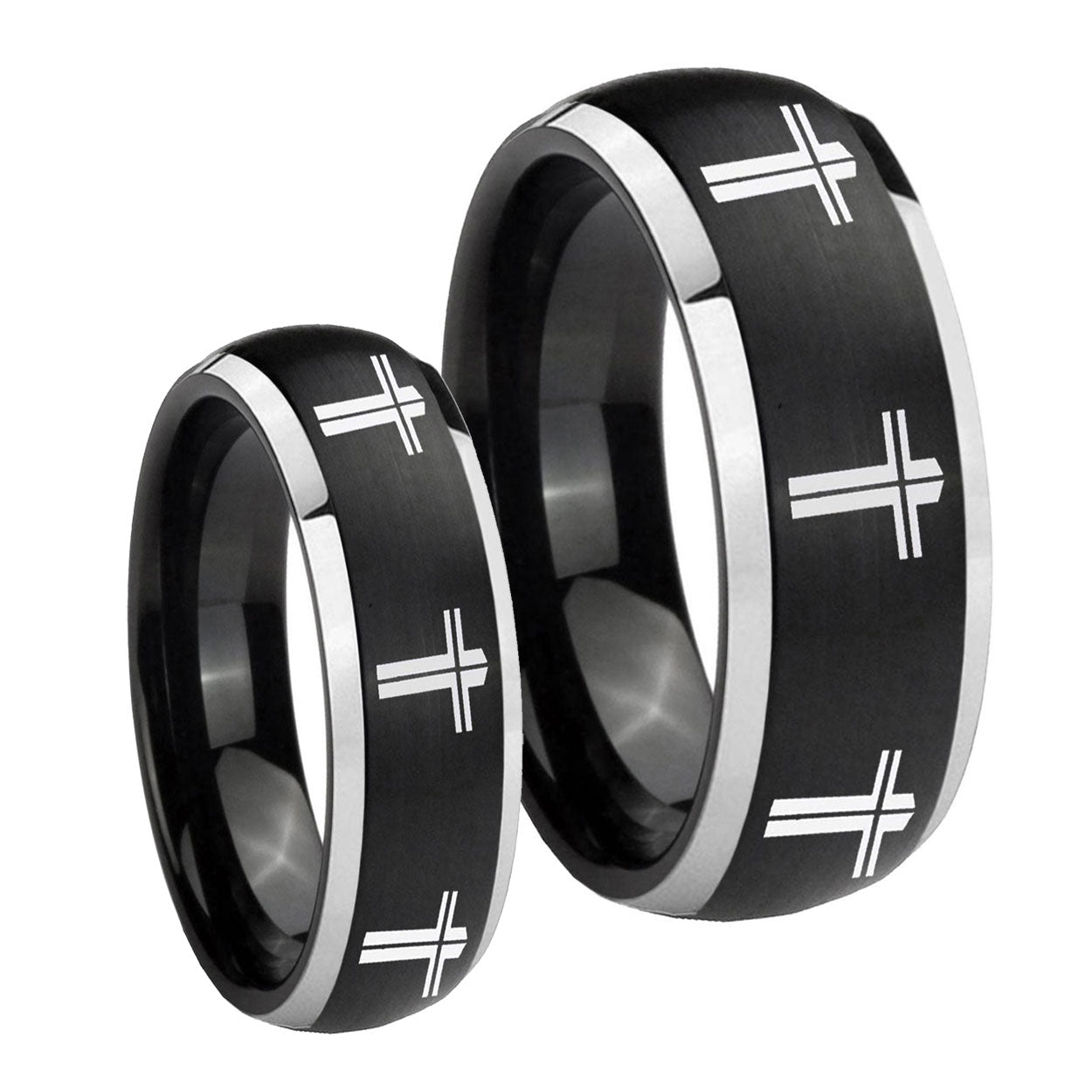 Multiple Christian Cross Dome Brushed Black 2 Tone Tungsten Couples Ring Set