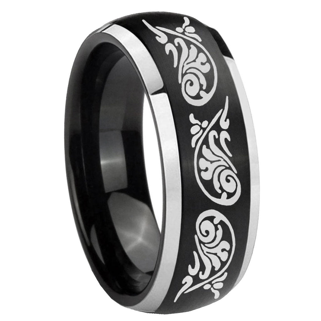 8mm Etched Tribal Pattern Dome Black 2 Tone Tungsten Ring