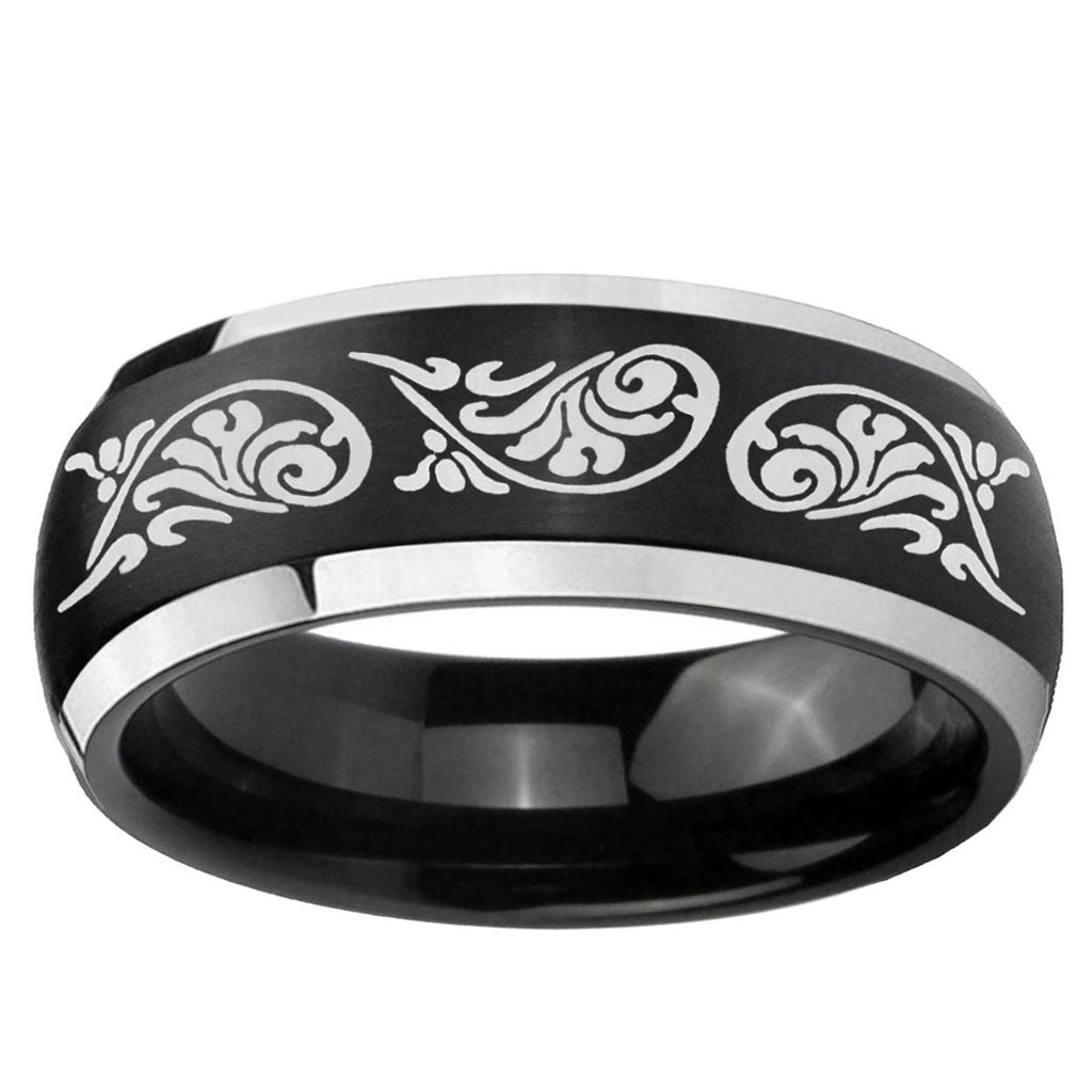 5mm Etched Tribal Pattern Dome Black 2 Tone Tungsten Ring