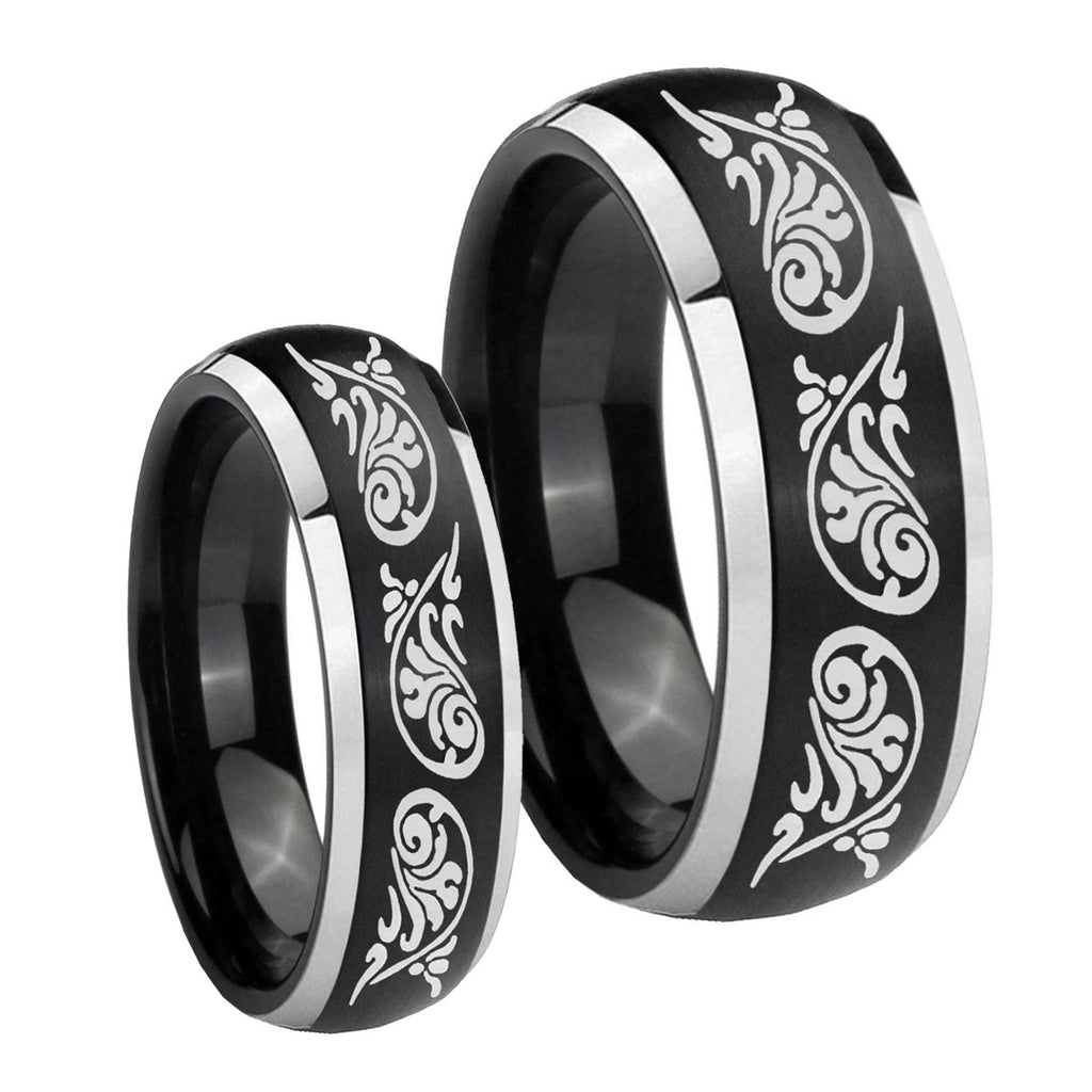 Etched Tribal Pattern Dome Brushed Black 2 Tone Tungsten Mens Band Set