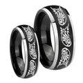 Etched Tribal Pattern Dome Brushed Black 2 Tone Tungsten Mens Band Set