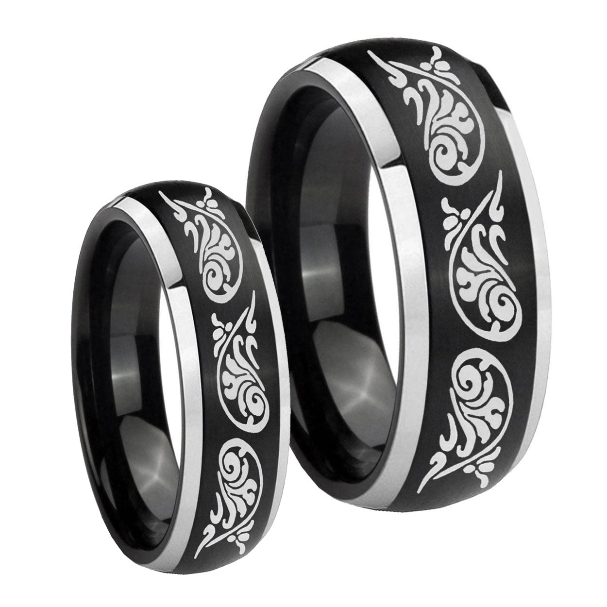 Etched Tribal Pattern Dome Brushed Black 2 Tone Tungsten Mens Band Set
