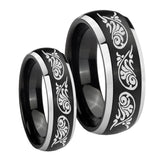 His Hers Etched Tribal Pattern Dome Brushed Black 2 Tone Tungsten Bands Ring Set