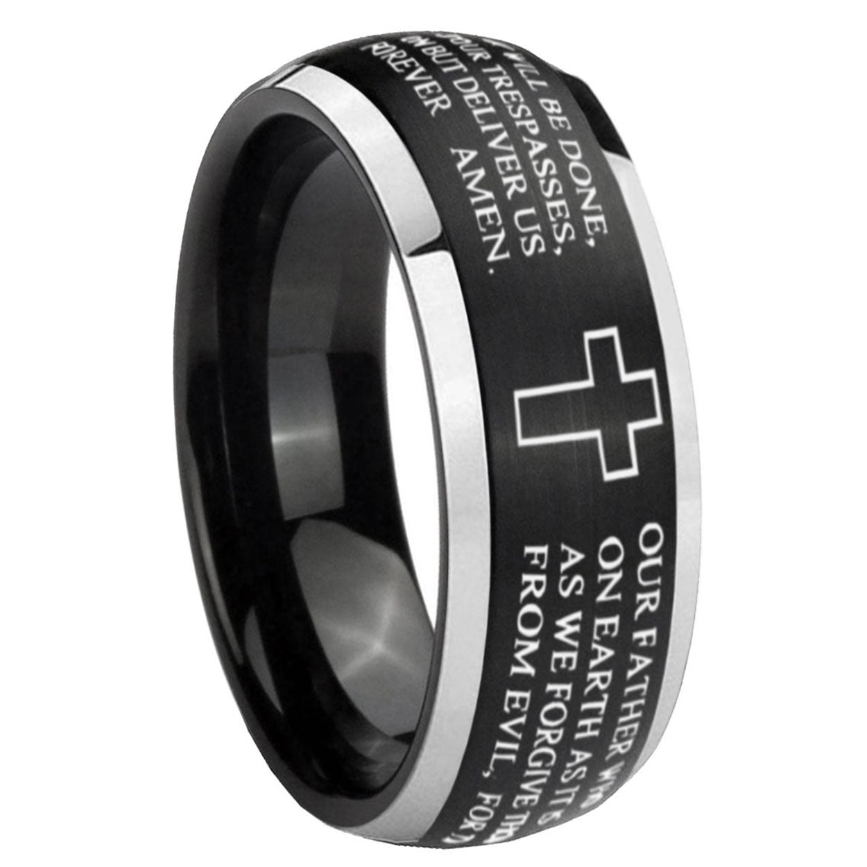 8mm Bible Lord's Prayer Cross Dome Black 2 Tone Tungsten Ring