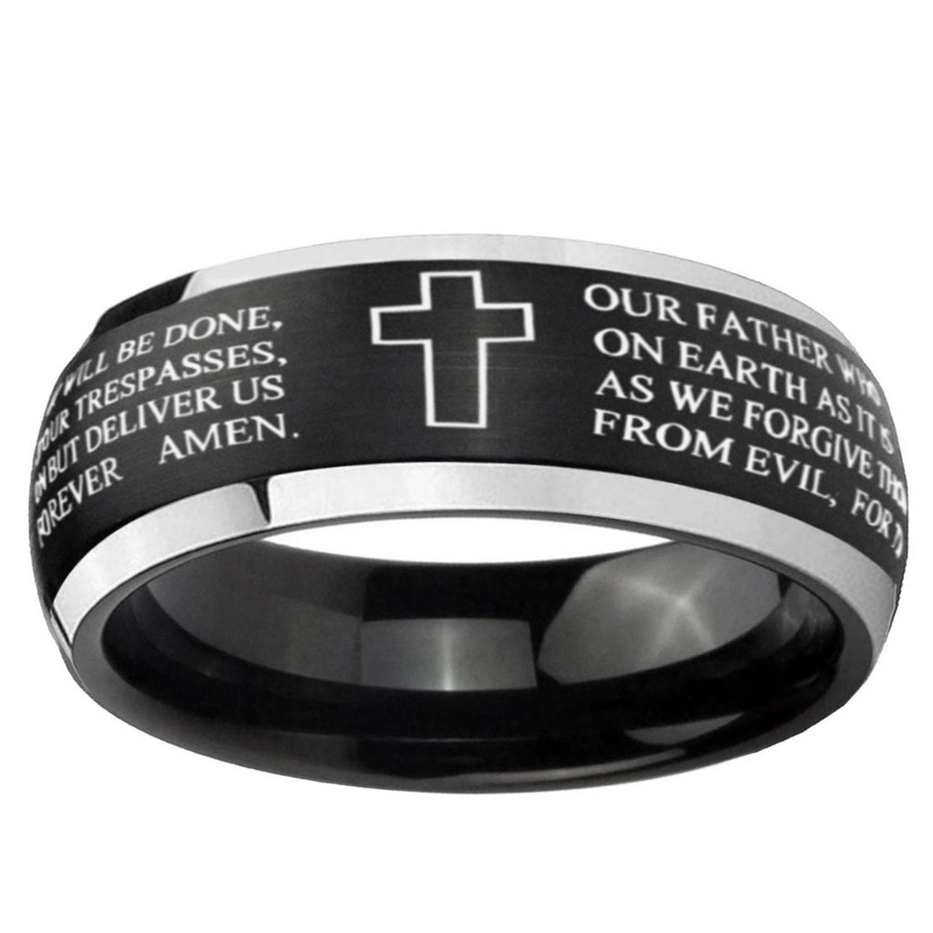 5mm Bible Lord's Prayer Cross Dome Black 2 Tone Tungsten Ring