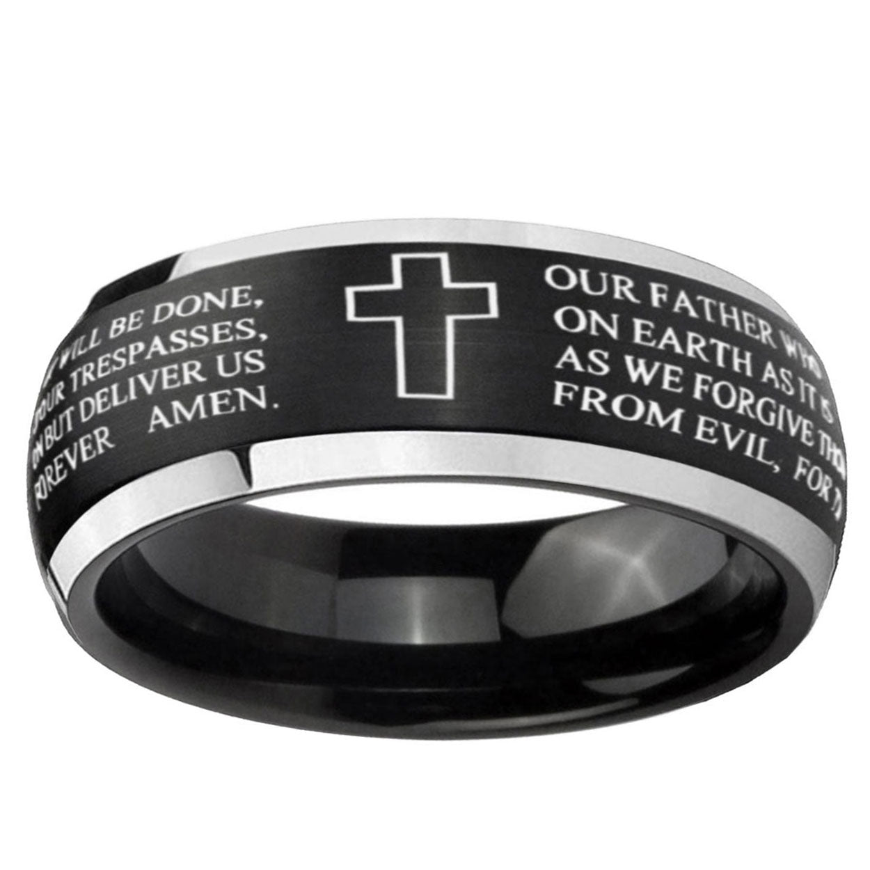 5mm Bible Lord's Prayer Cross Dome Black 2 Tone Tungsten Ring
