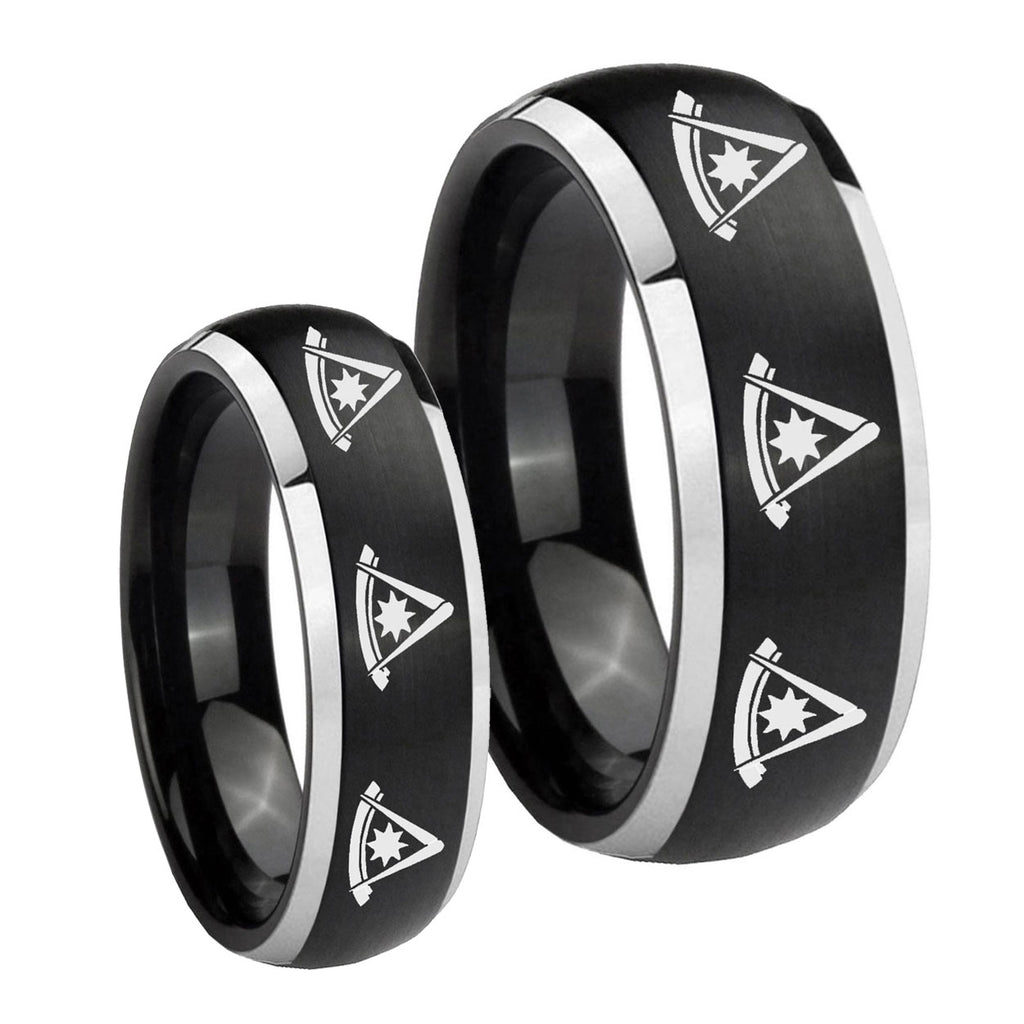 Multiple Pester Master Masonic Dome Brushed Black 2 Tone Tungsten Wedding Band Set