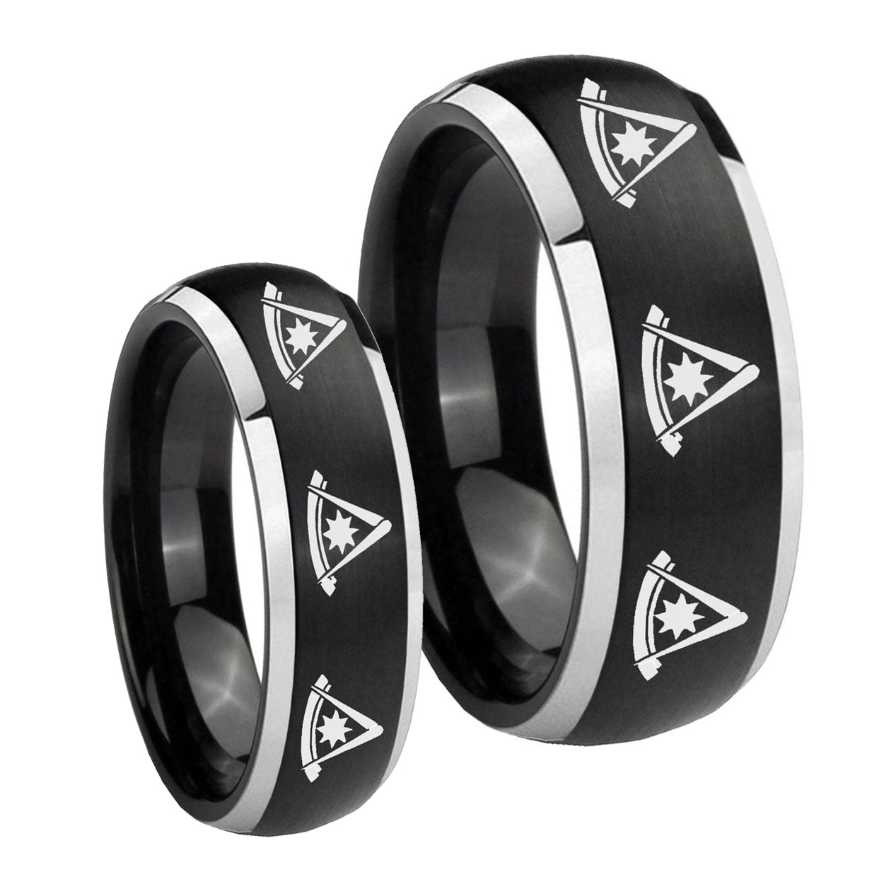 Multiple Pester Master Masonic Dome Brushed Black 2 Tone Tungsten Wedding Band Set