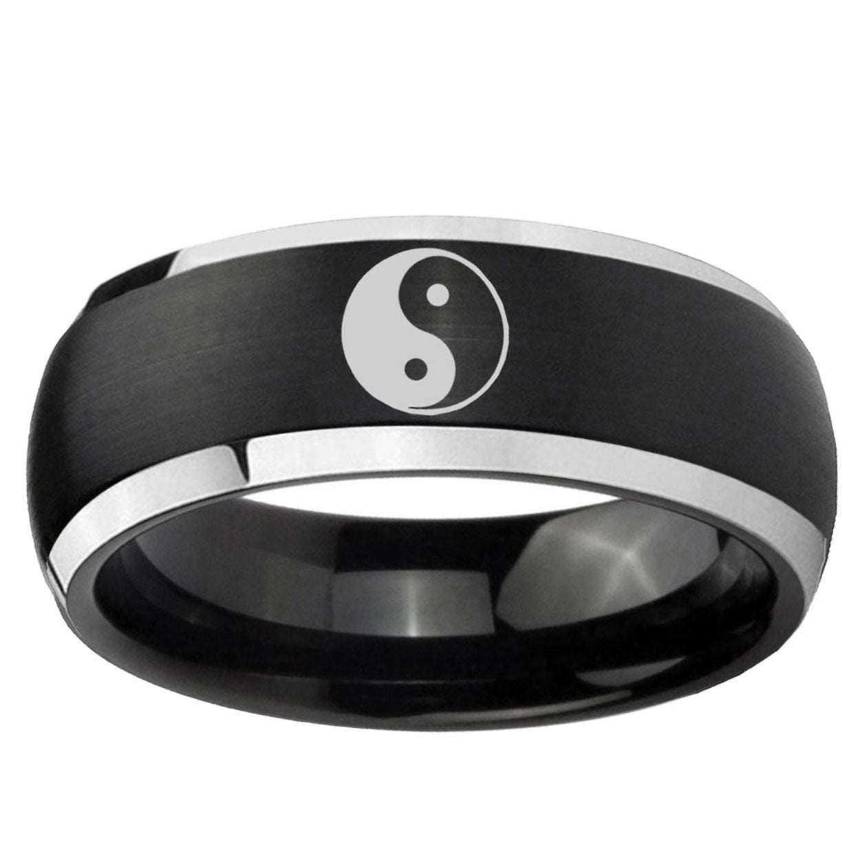 5mm Yin Yang Dome Brushed Black 2 Tone Tungsten Ring Engraved