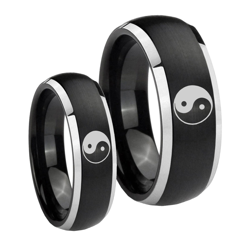 Yin Yang Dome Brushed Black 2 Tone Tungsten Bridal Set Rings