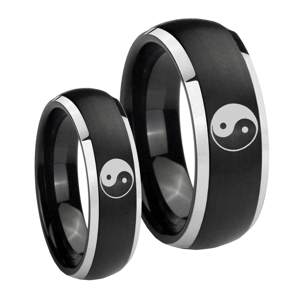 Yin Yang Dome Brushed Black 2 Tone Tungsten Bridal Set Rings